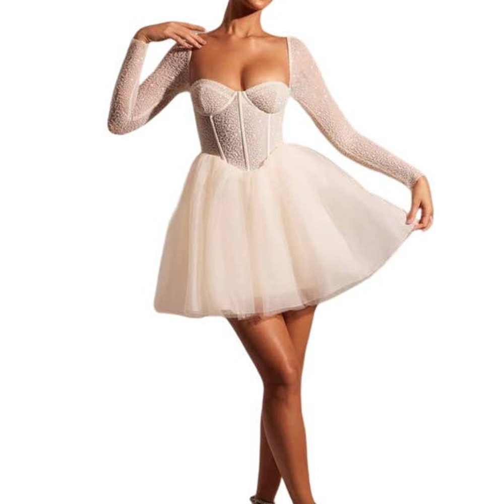 Oh Polly Long Sleeve Embellished Tulle Skirt Mini Dress Ivory Women's Size 2